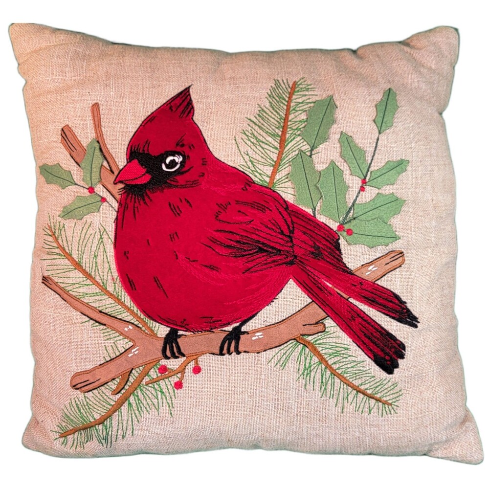 St Nicolas Square Red Cardinal Decorative Embroidered Applique Pillow Burlap 16"